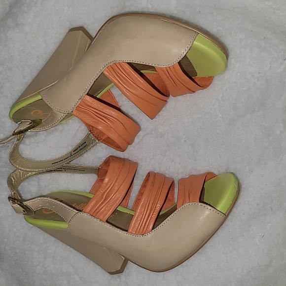 Seychelles Size 7 Peach, Lime Green, Tan Leather Heeled Sandals - Picture 3 of 10
